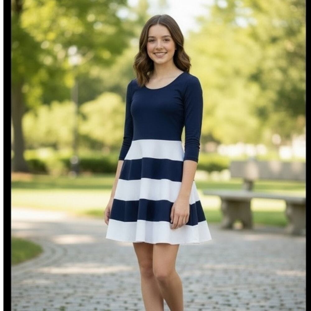 City Studios Dress Juniors Size S Navy Blue White Striped‎ Skater Cocktail Dress